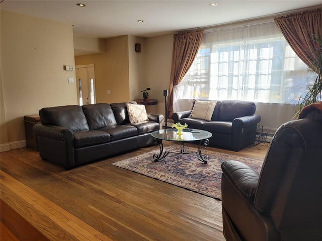 living room featuring a baseboard radiator and hardwood / wood-style floors