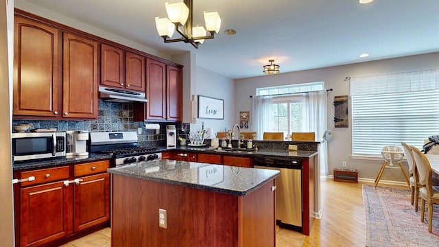 kitchen with tasteful backsplash, a center island, a peninsula, under cabinet range hood, and stainless steel appliances