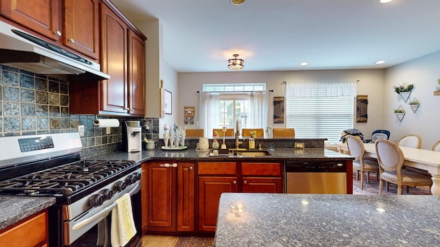 kitchen with dark stone countertops, a peninsula, under cabinet range hood, appliances with stainless steel finishes, and a sink