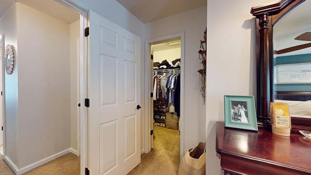 hall with light carpet and baseboards