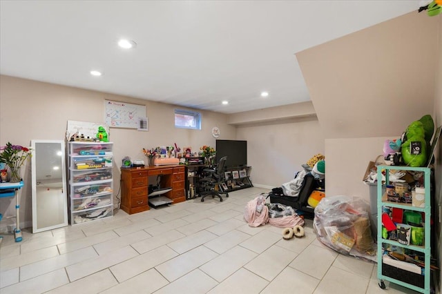 home office featuring light tile patterned floors and recessed lighting