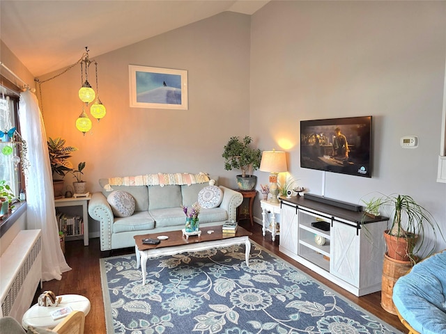 living room featuring vaulted ceiling, radiator, and dark hardwood / wood-style floors