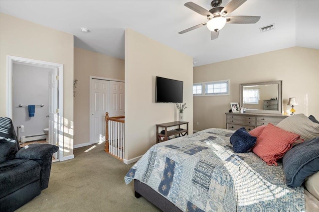 bedroom featuring lofted ceiling, a baseboard radiator, light colored carpet, and ceiling fan