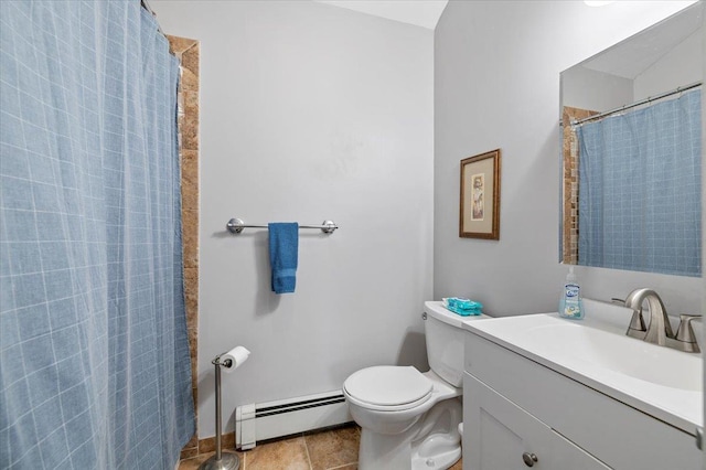 bathroom featuring toilet, vanity, a shower with shower curtain, tile patterned flooring, and a baseboard heating unit