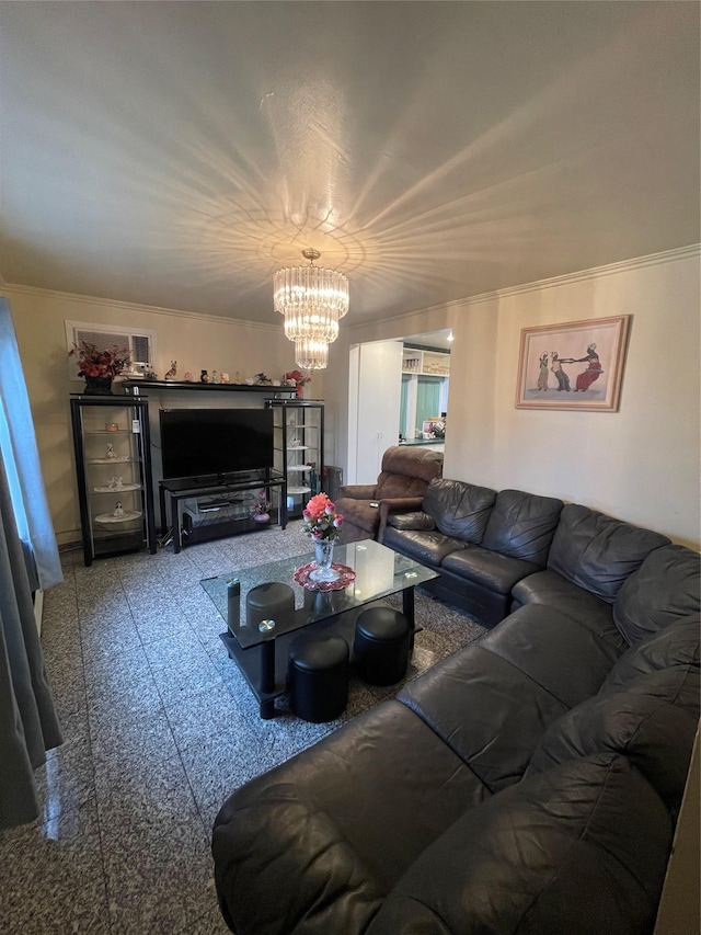 living room with ornamental molding and a chandelier