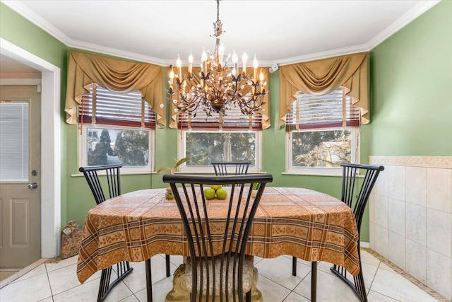 tiled dining area with ornamental molding and a chandelier