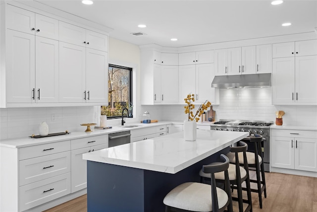 kitchen featuring appliances with stainless steel finishes, a kitchen bar, a center island, and white cabinets