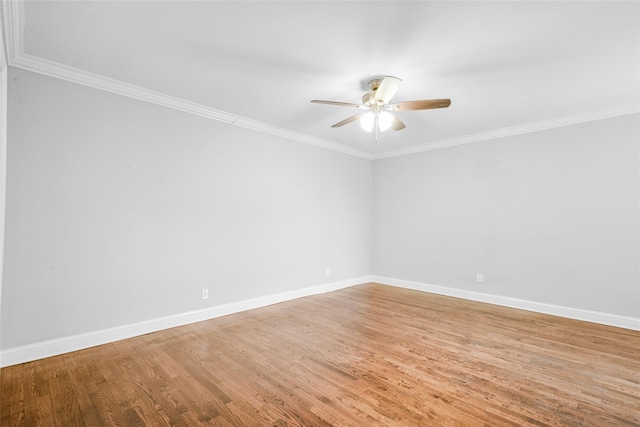 unfurnished room with ceiling fan, ornamental molding, and light wood-type flooring