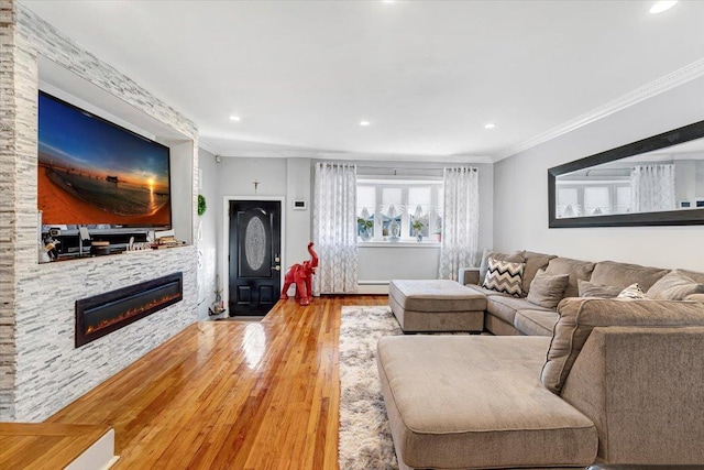 living room with wood-type flooring, a stone fireplace, and ornamental molding