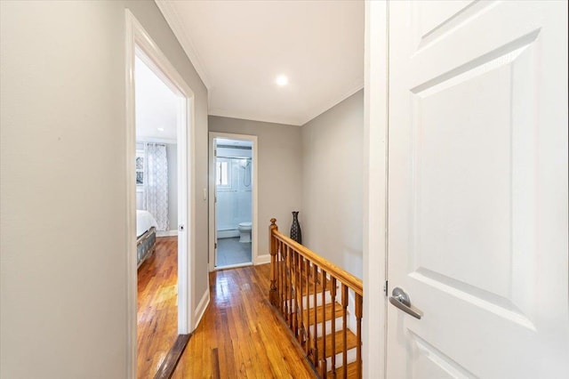 hall featuring hardwood / wood-style flooring, crown molding, and a baseboard radiator