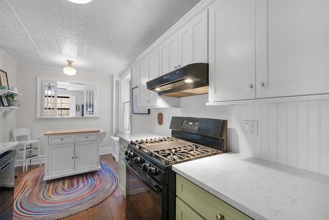 kitchen with white cabinetry, dark hardwood / wood-style floors, and black appliances