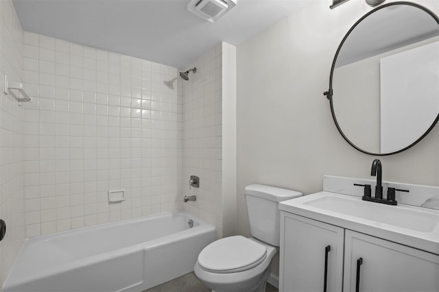 full bath with shower / washtub combination, visible vents, vanity, and toilet