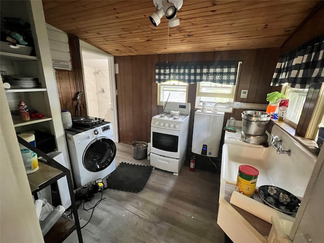 clothes washing area featuring wood walls, washer / clothes dryer, ceiling fan, wood ceiling, and dark wood-type flooring