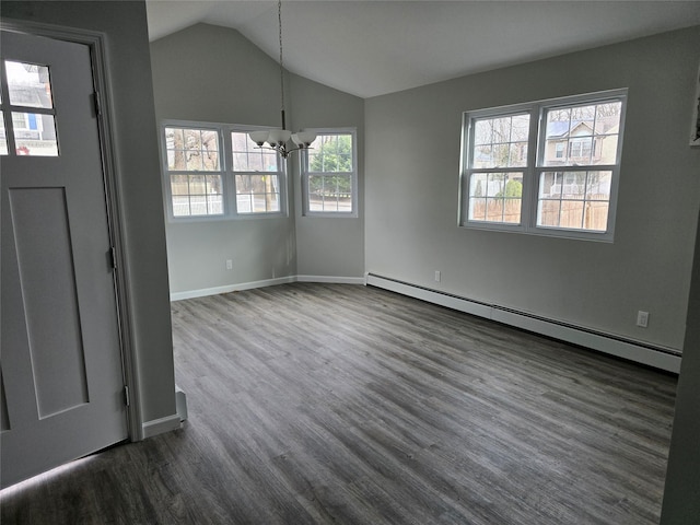 unfurnished dining area with baseboard heating, vaulted ceiling, and dark wood-type flooring