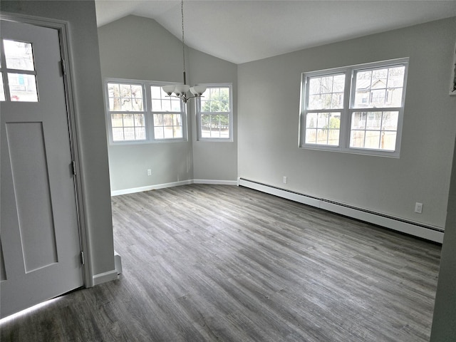 unfurnished dining area with baseboard heating, lofted ceiling, dark hardwood / wood-style floors, and a chandelier