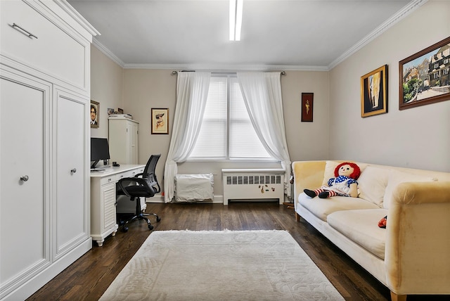 office area with dark hardwood / wood-style flooring, radiator heating unit, and ornamental molding