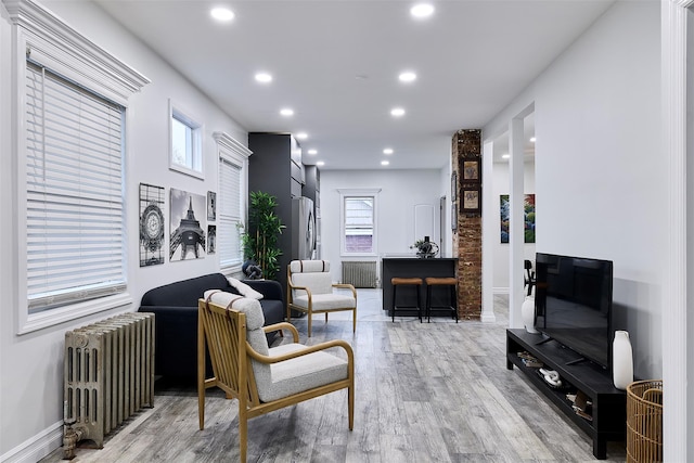 living room with radiator heating unit and light hardwood / wood-style flooring