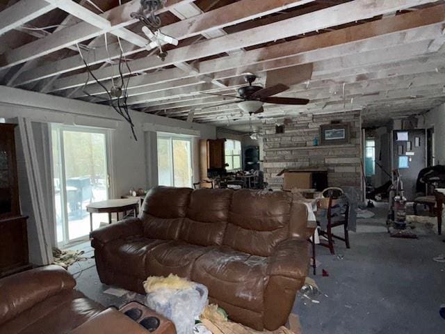 living room with ceiling fan