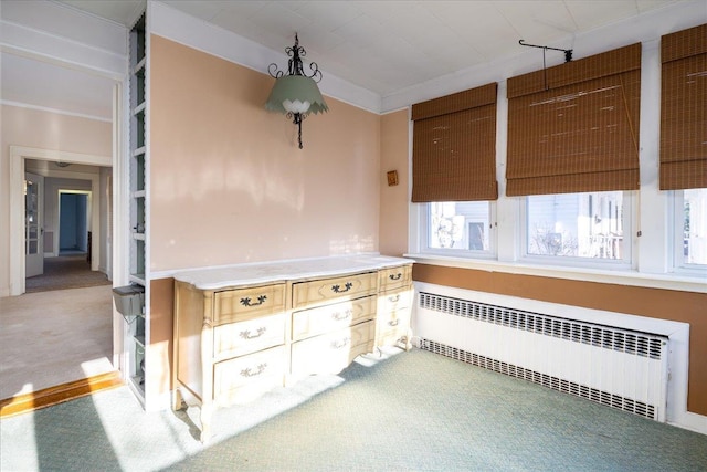 interior space featuring carpet floors, crown molding, and radiator heating unit