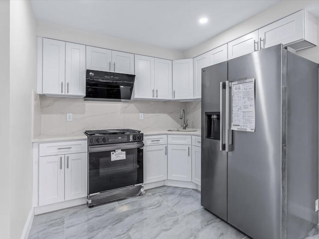 kitchen with sink, white cabinetry, stainless steel refrigerator with ice dispenser, gas range oven, and exhaust hood