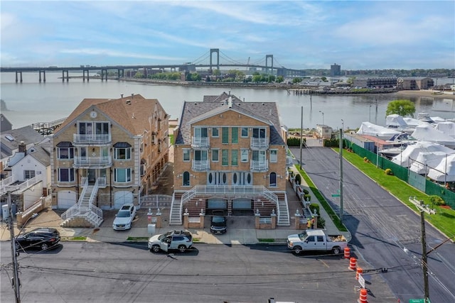 drone / aerial view with a water view