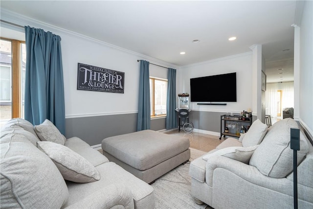 living room featuring crown molding