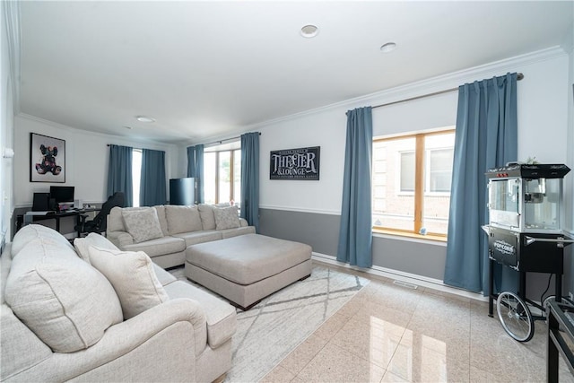 living room with crown molding