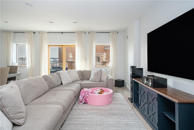 living room with light colored carpet