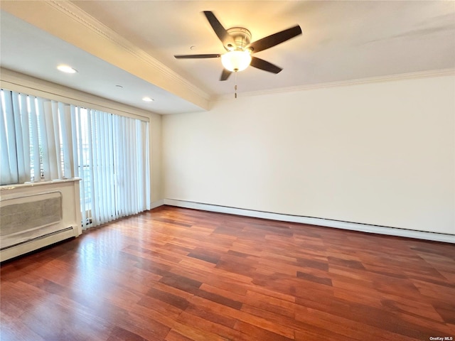 unfurnished room featuring ornamental molding, a baseboard heating unit, ceiling fan, and wood finished floors