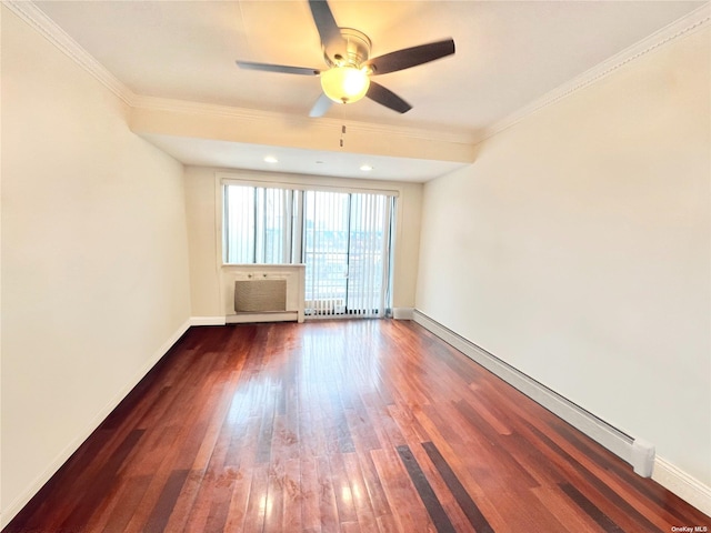 empty room featuring crown molding, dark hardwood / wood-style floors, and ceiling fan