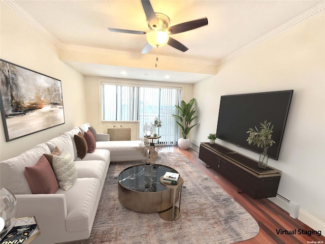 living room with ornamental molding, dark wood-type flooring, ceiling fan, and baseboard heating