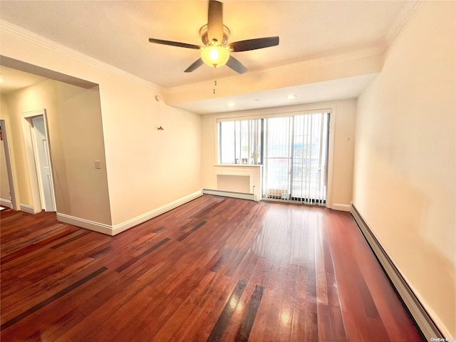 unfurnished room with hardwood / wood-style floors, crown molding, a baseboard radiator, and ceiling fan