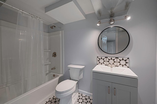 full bathroom with toilet, vanity, and shower / bathtub combination with curtain