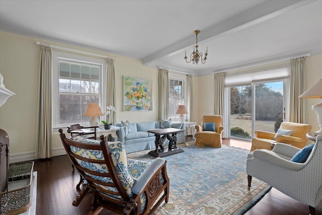 interior space featuring dark wood-type flooring, beamed ceiling, an inviting chandelier, and a wealth of natural light