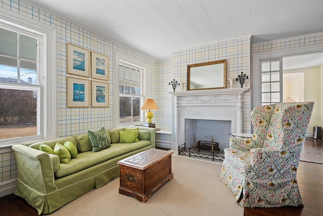 living room featuring tile walls