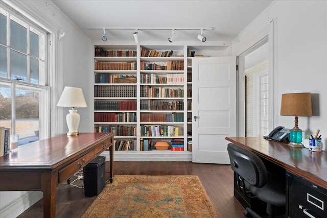 office area with dark hardwood / wood-style flooring