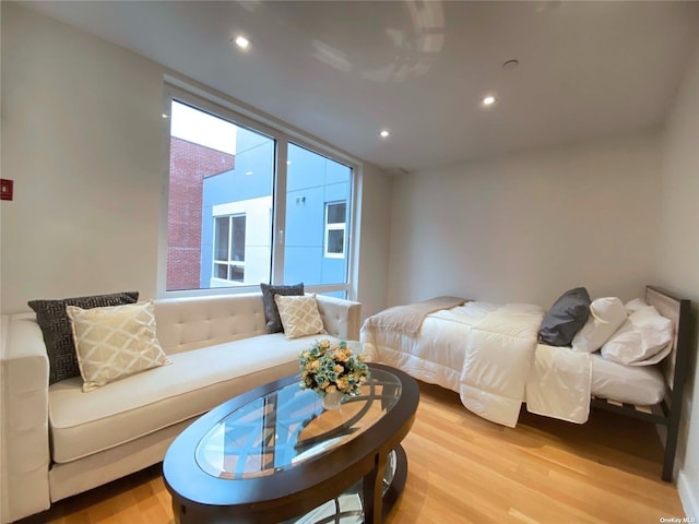 bedroom with multiple windows and light hardwood / wood-style floors