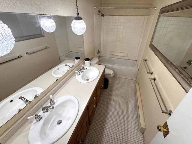 full bathroom featuring vanity, tub / shower combination, tile patterned floors, and toilet