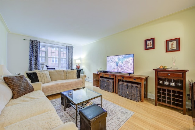 living room featuring ornamental molding and light hardwood / wood-style flooring