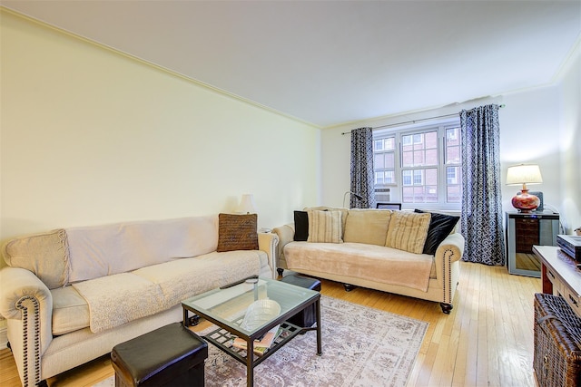 living room featuring crown molding and light hardwood / wood-style flooring