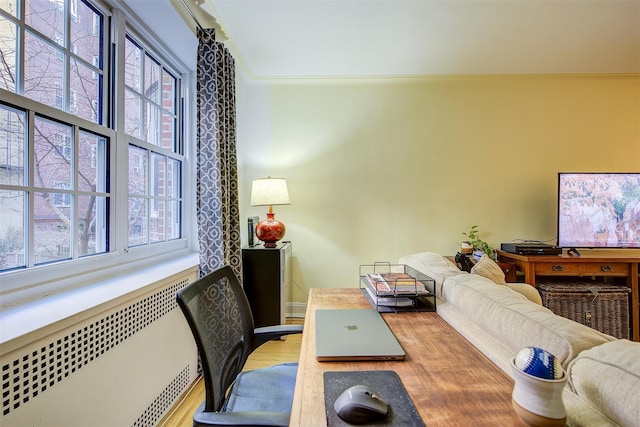 office space featuring ornamental molding, wood-type flooring, and radiator