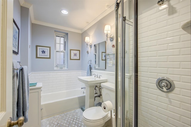 bathroom featuring independent shower and bath, crown molding, and toilet