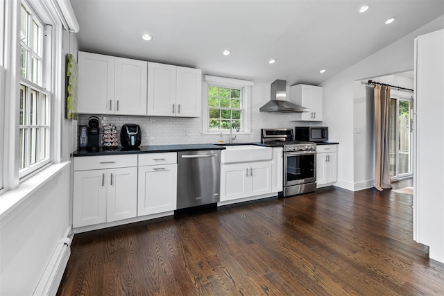 kitchen featuring appliances with stainless steel finishes, dark hardwood / wood-style floors, sink, white cabinets, and wall chimney range hood