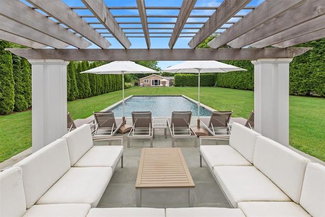 view of patio featuring an outdoor living space and a pergola