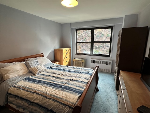 carpeted bedroom featuring radiator and a wall mounted AC