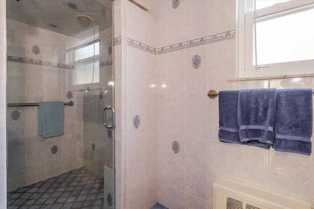 bathroom with plenty of natural light and a shower with shower door