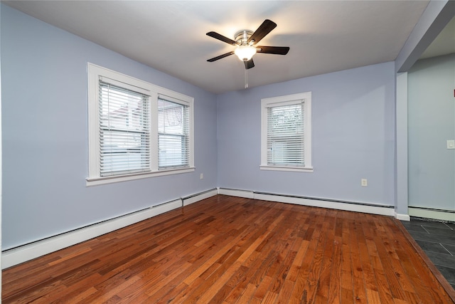 unfurnished room with dark hardwood / wood-style flooring, a baseboard heating unit, and ceiling fan