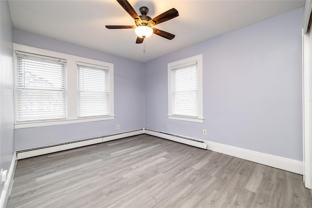 empty room with ceiling fan and light hardwood / wood-style flooring