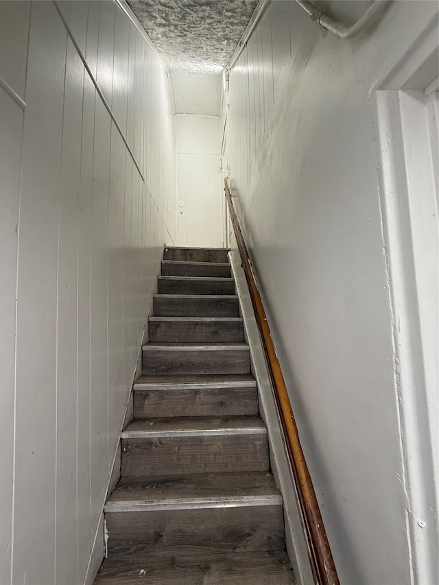 staircase with wood walls