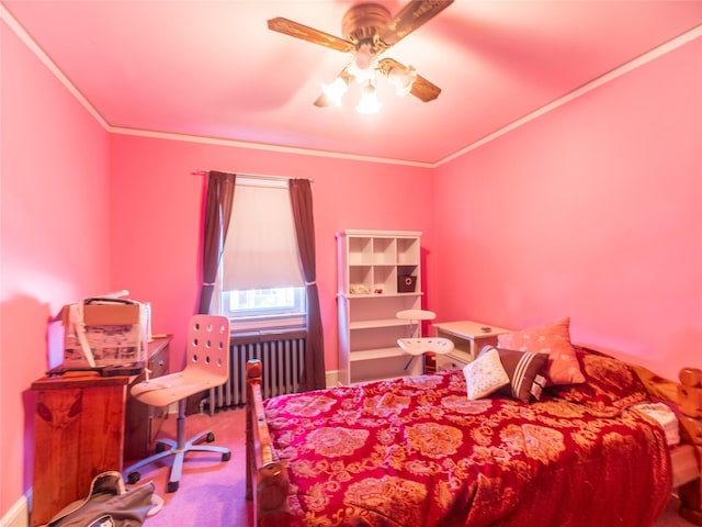 bedroom with crown molding, carpet flooring, radiator heating unit, and ceiling fan